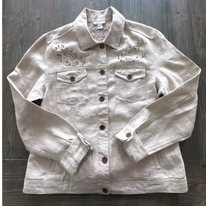 VTG Charter Club Linen Light Jacket Ivory Embroidered Button Front Womens Size L